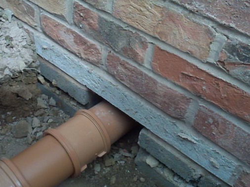 Drainage bridged with concrete lintel when passing through a footing wall